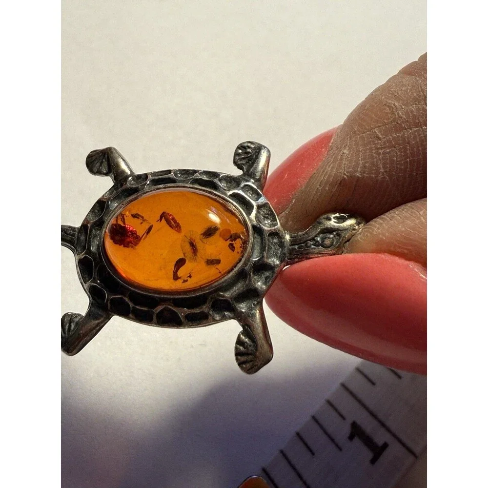 Amber Sterling Silver 925 TURTLE Brooch Pin